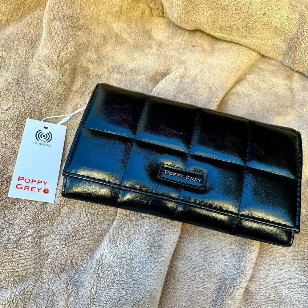 POPPY GREY FAUX LEATHER LARGE BIFOLD WALLET W/RFID-FREMONT/JET BLACK NWT
